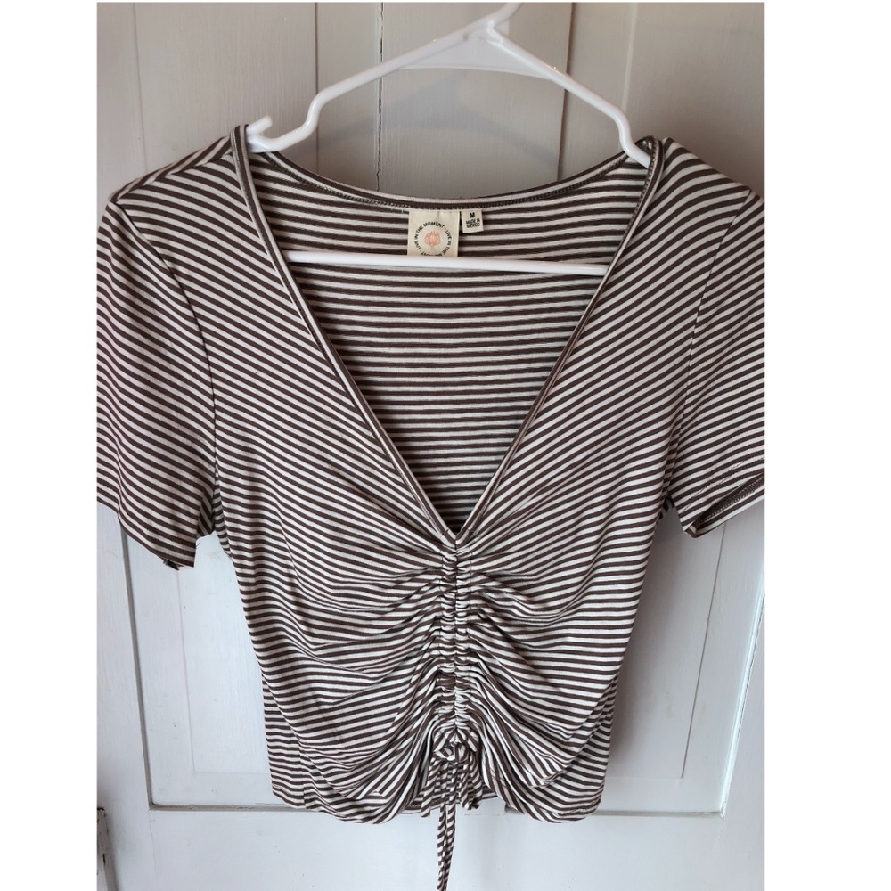 Brown & White Striped Cinched Short-Sleeve Top